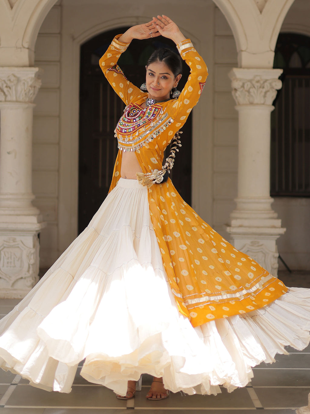 Yellow bandhani print kurti with kutchi patchwork kora cotton lehenga