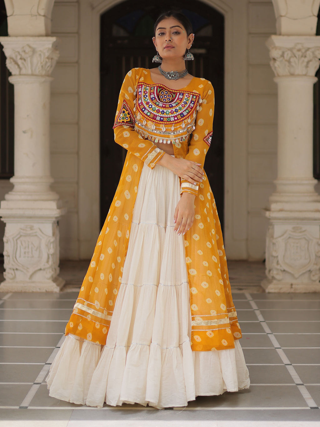 Yellow bandhani print kurti with kutchi patchwork kora cotton lehenga