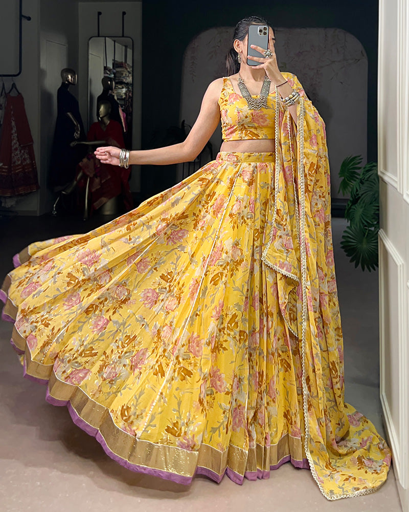 Yellow Color Chiffon Floral Printed Lehenga Choli with Dupatta