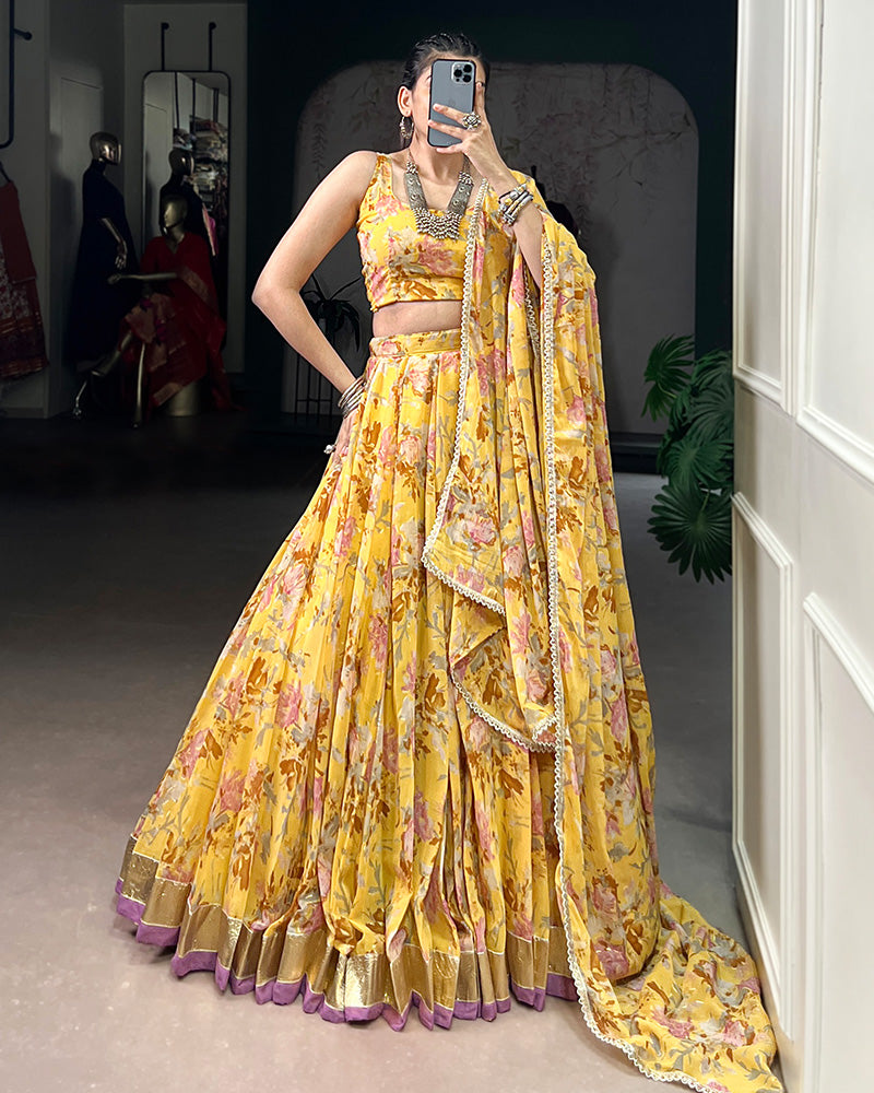 Yellow Color Chiffon Floral Printed Lehenga Choli with Dupatta