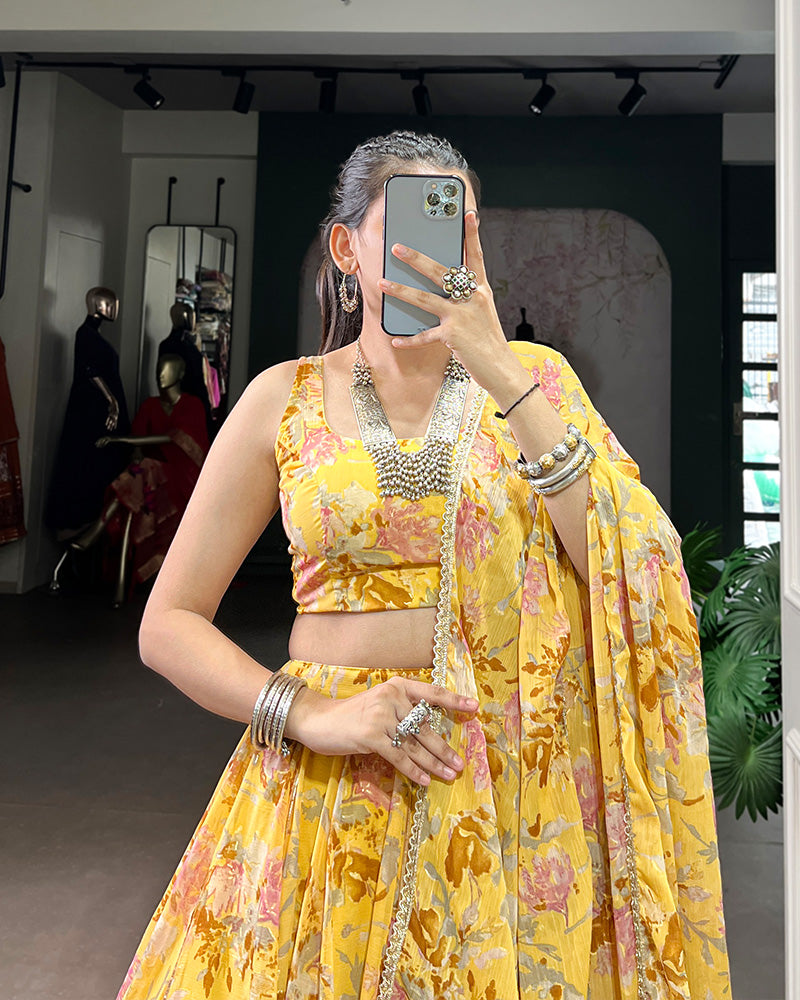 Yellow Color Chiffon Floral Printed Lehenga Choli with Dupatta