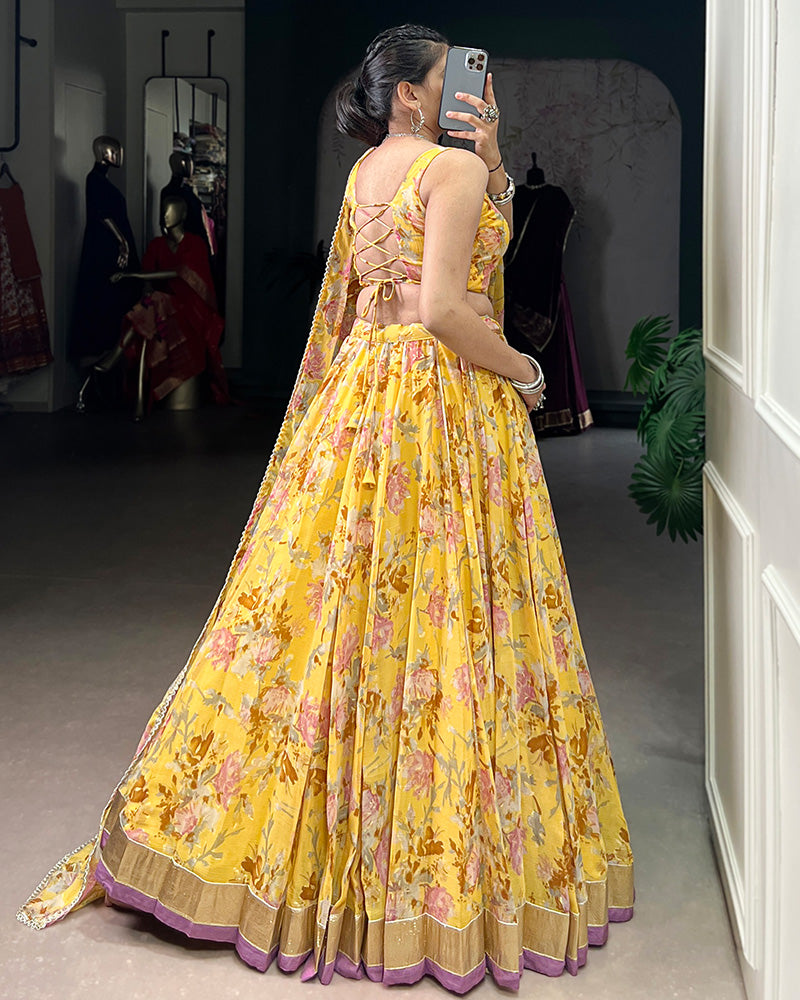 Yellow Color Chiffon Floral Printed Lehenga Choli with Dupatta