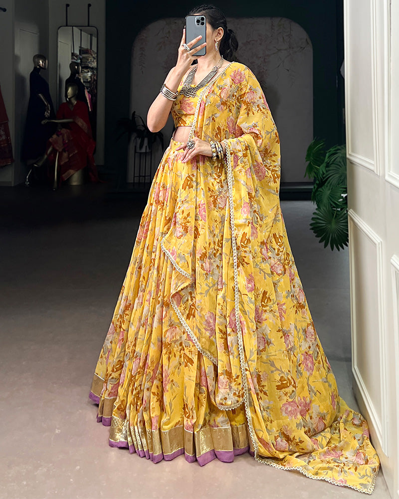 Yellow Color Chiffon Floral Printed Lehenga Choli with Dupatta