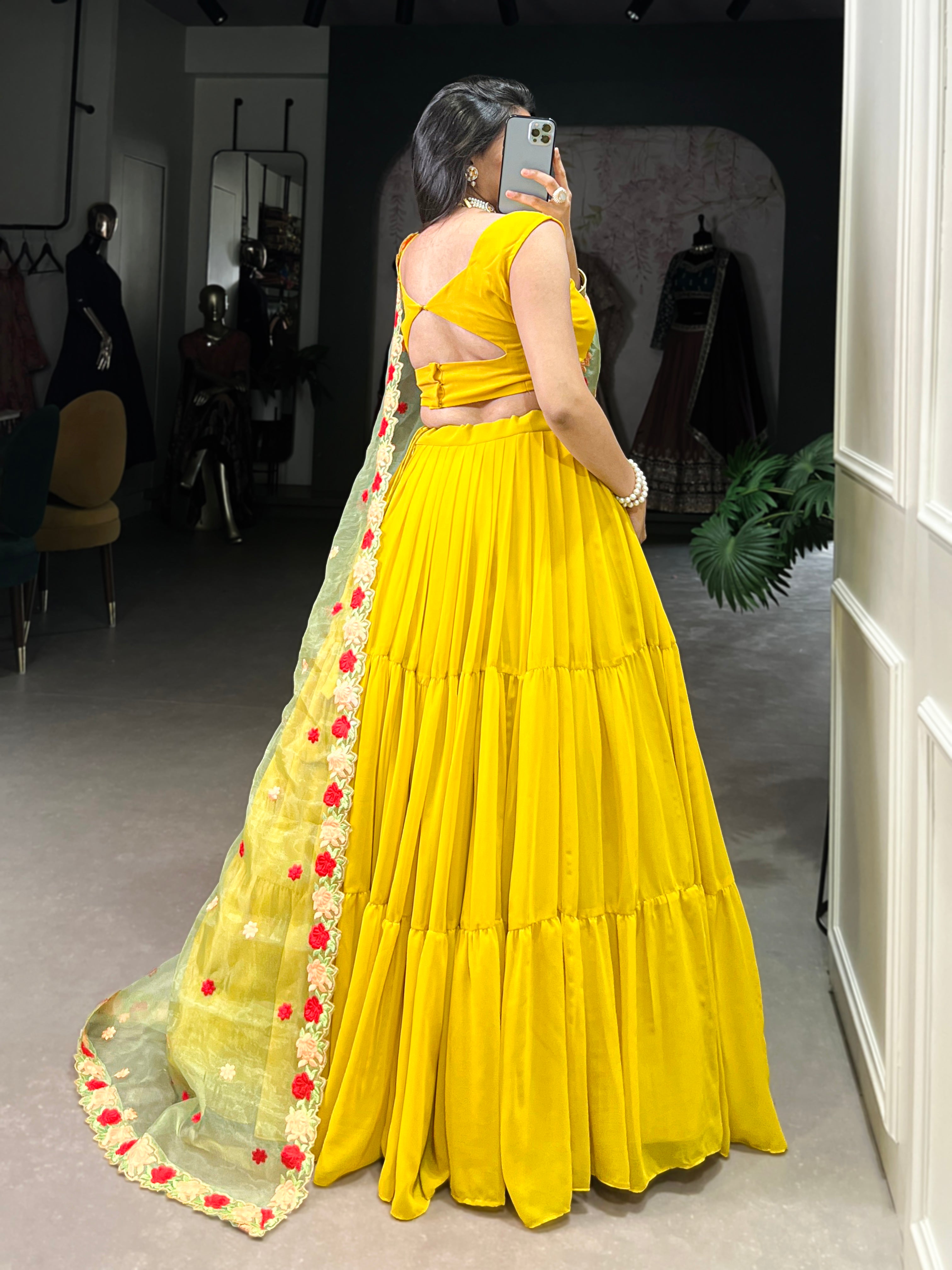Yellow Color Georgette Plain Lehenga Choli with Embroidered Organza Dupatta