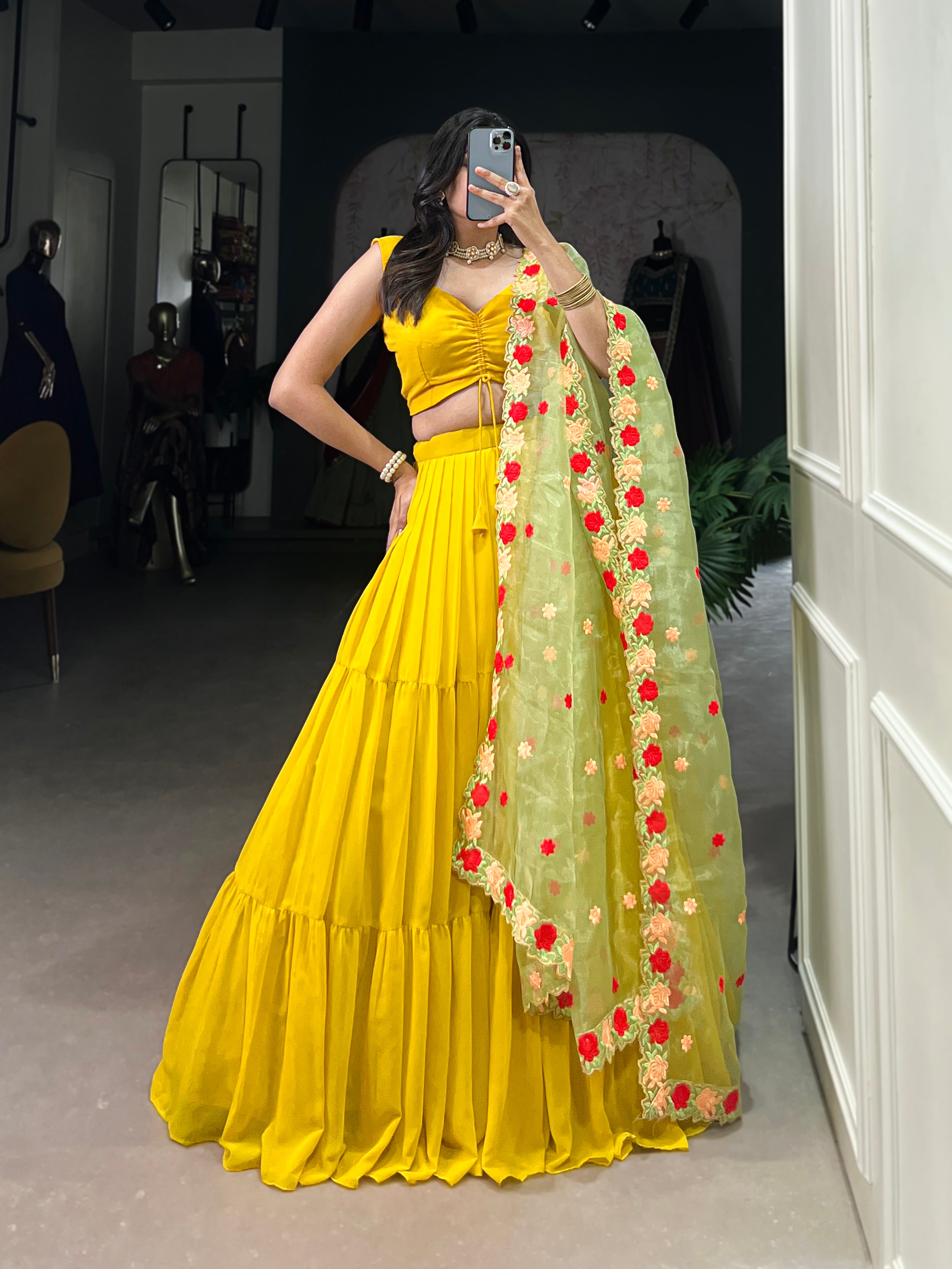 Yellow Color Georgette Plain Lehenga Choli with Embroidered Organza Dupatta