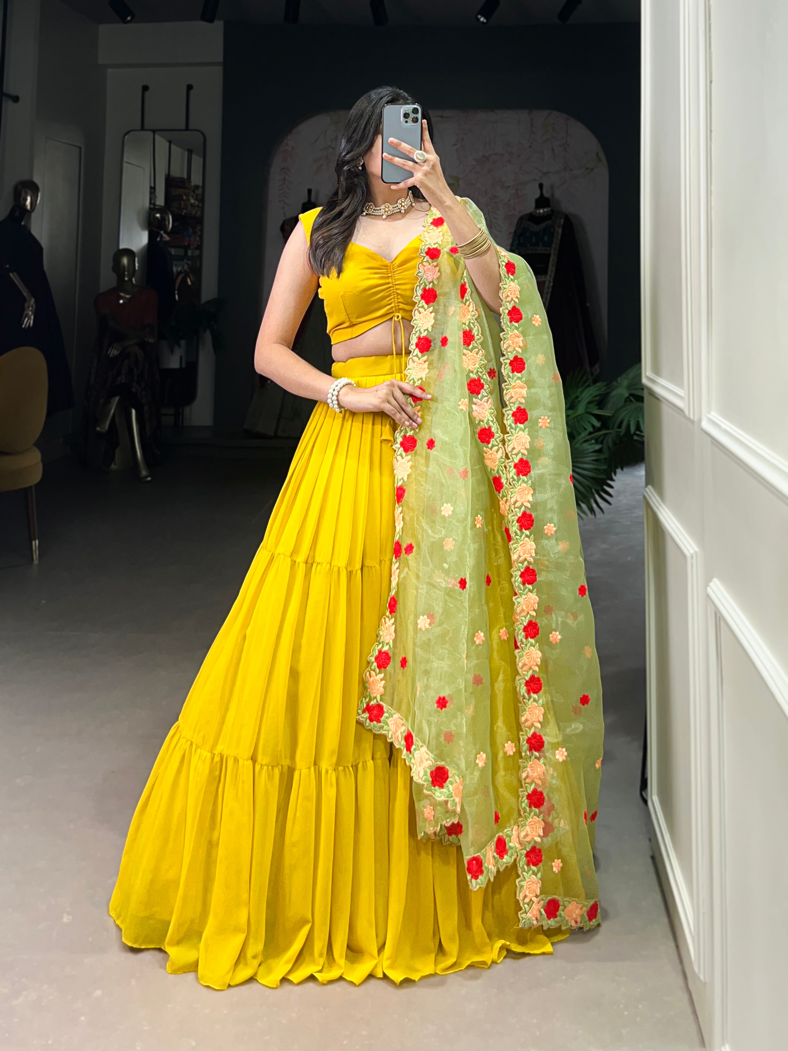Yellow Color Georgette Plain Lehenga Choli with Embroidered Organza Dupatta