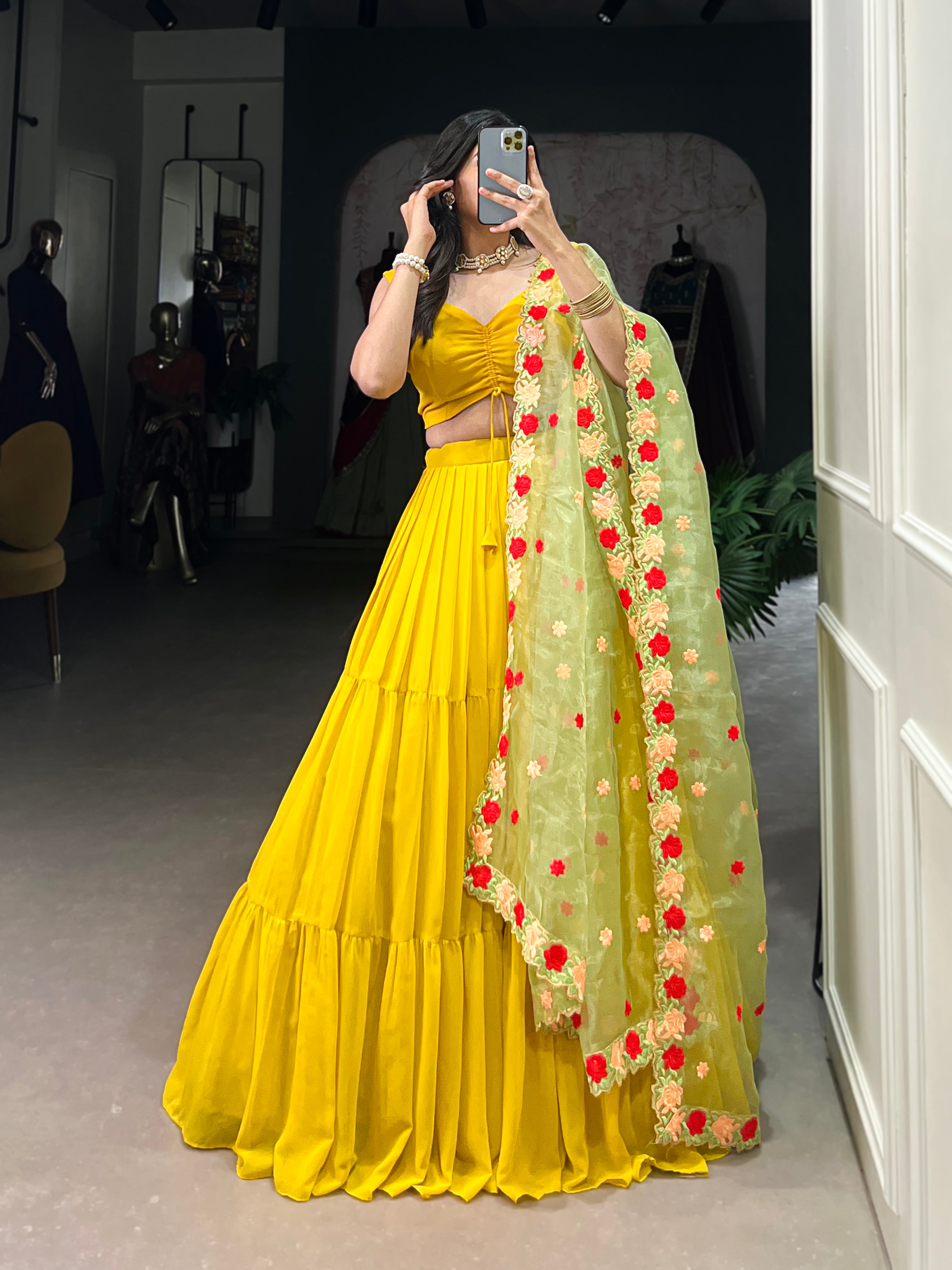 Yellow Color Georgette Plain Lehenga Choli with Embroidered Organza Dupatta