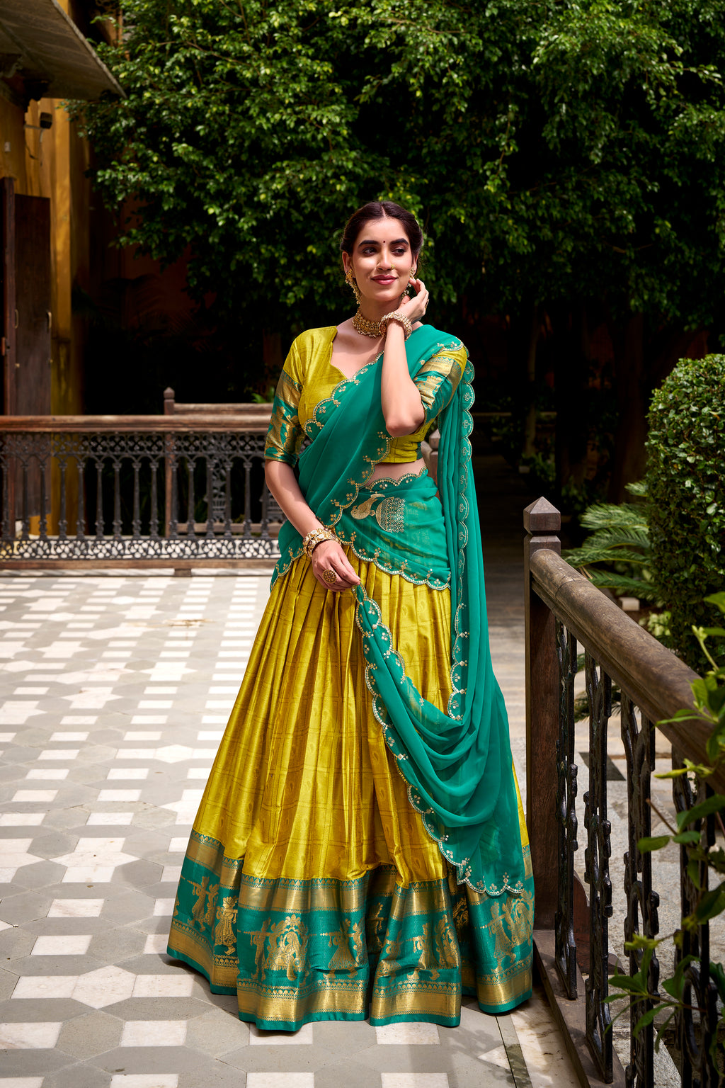 Yellow Color Poly Cotton Zari Weaving Half Saree Lehenga Choli