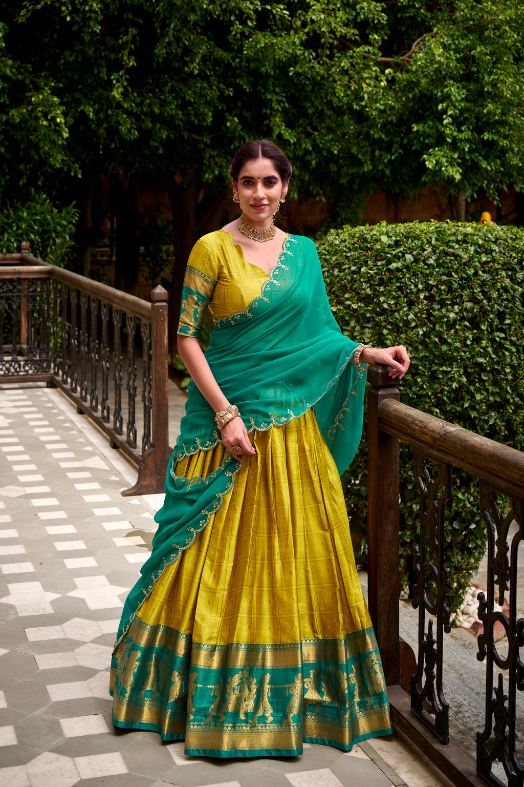 Yellow Color Poly Cotton Zari Weaving Half Saree Lehenga Choli