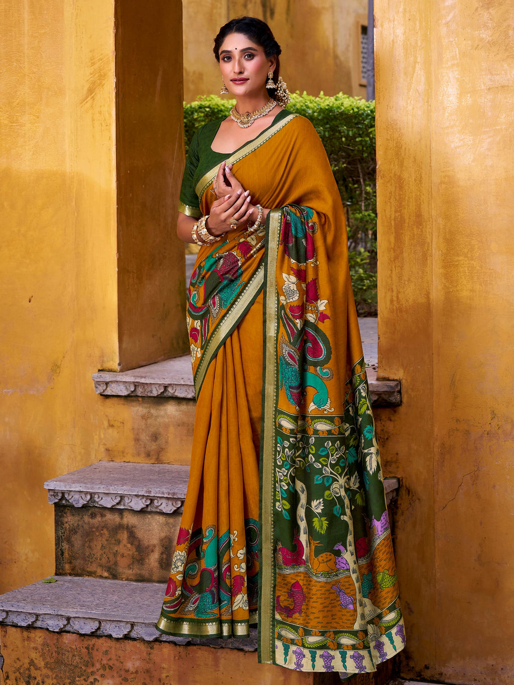 Yellow Color Viscose Chanderi Kalamkari Print and Zari Weaving Saree