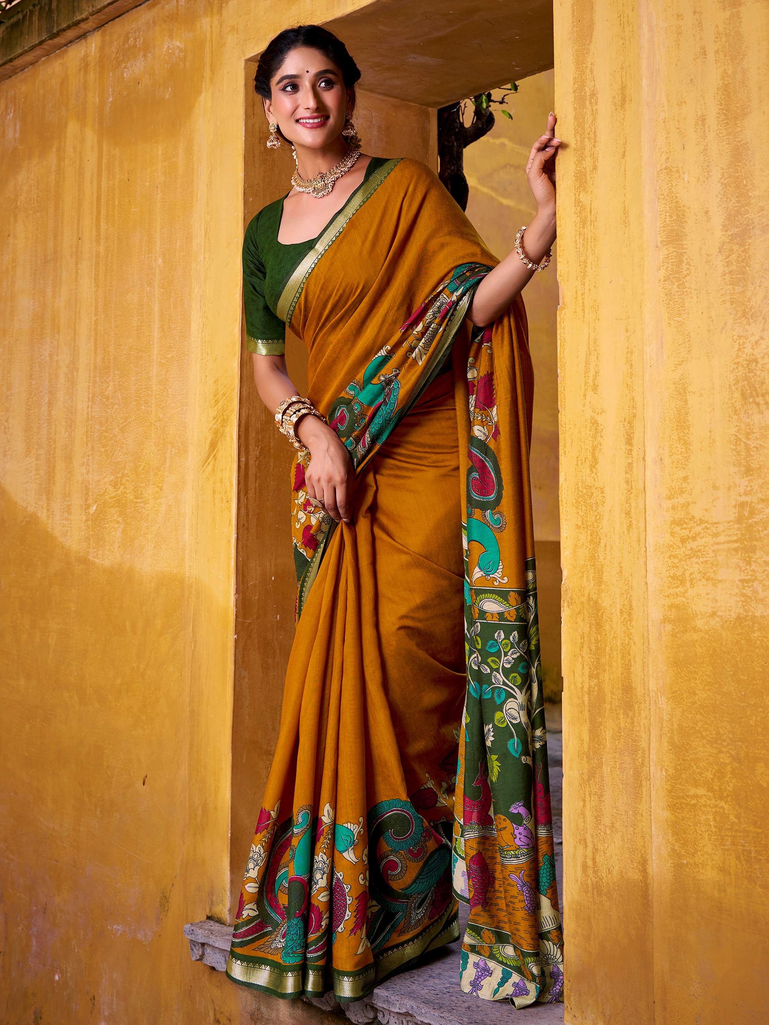 Yellow Color Viscose Chanderi Kalamkari Print and Zari Weaving Saree