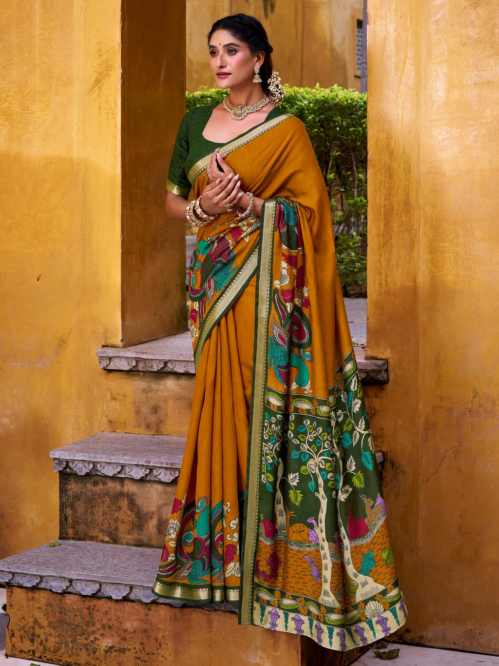 Yellow Color Viscose Chanderi Kalamkari Print and Zari Weaving Saree