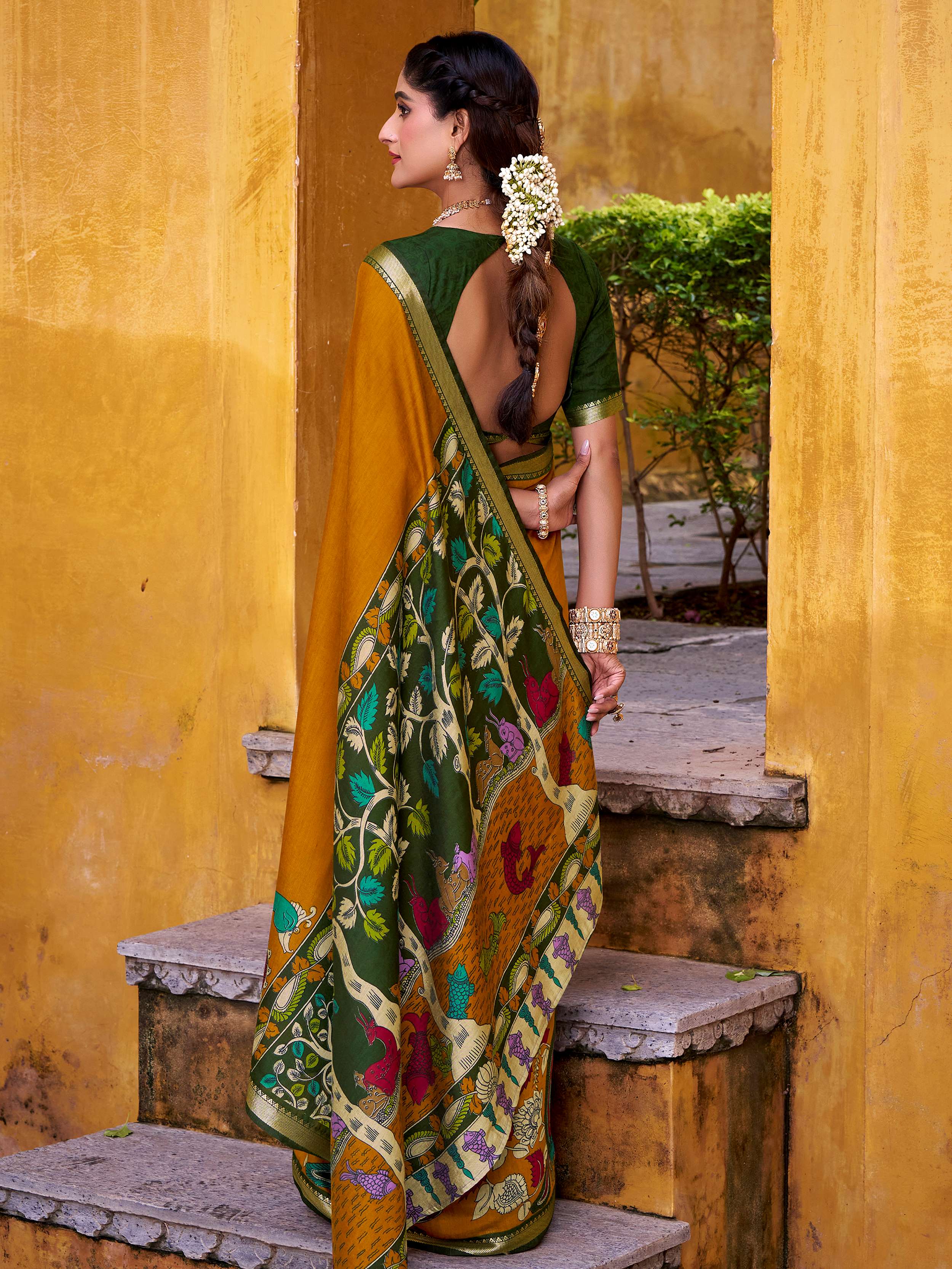 Yellow Color Viscose Chanderi Kalamkari Print and Zari Weaving Saree