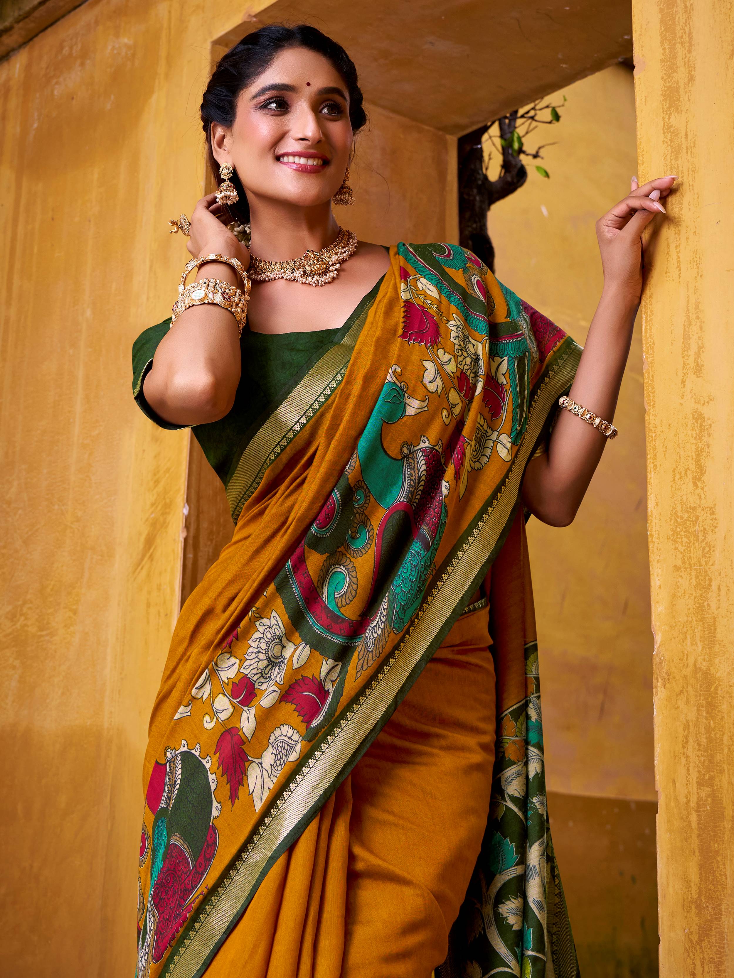 Yellow Color Viscose Chanderi Kalamkari Print and Zari Weaving Saree