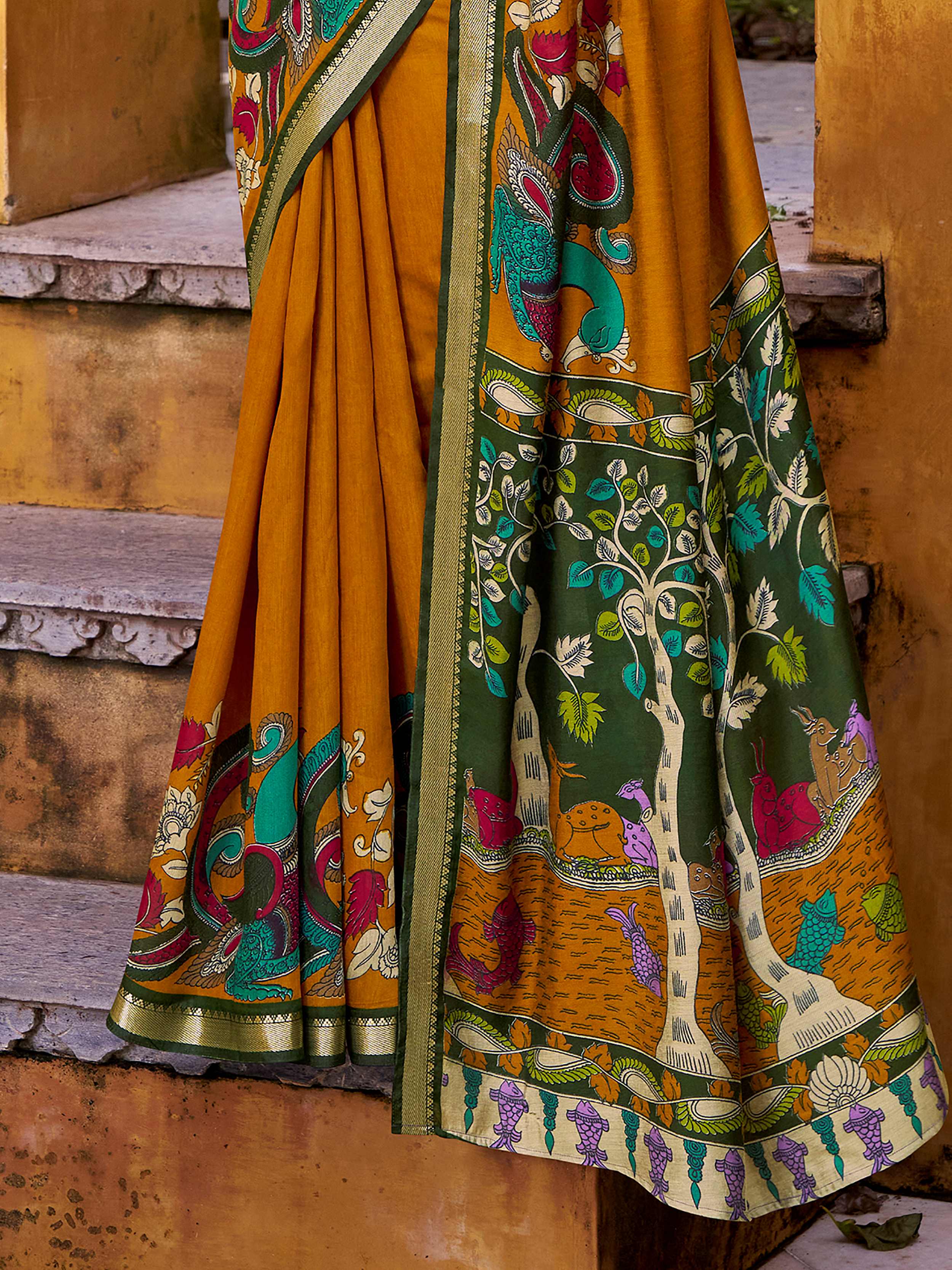Yellow Color Viscose Chanderi Kalamkari Print and Zari Weaving Saree