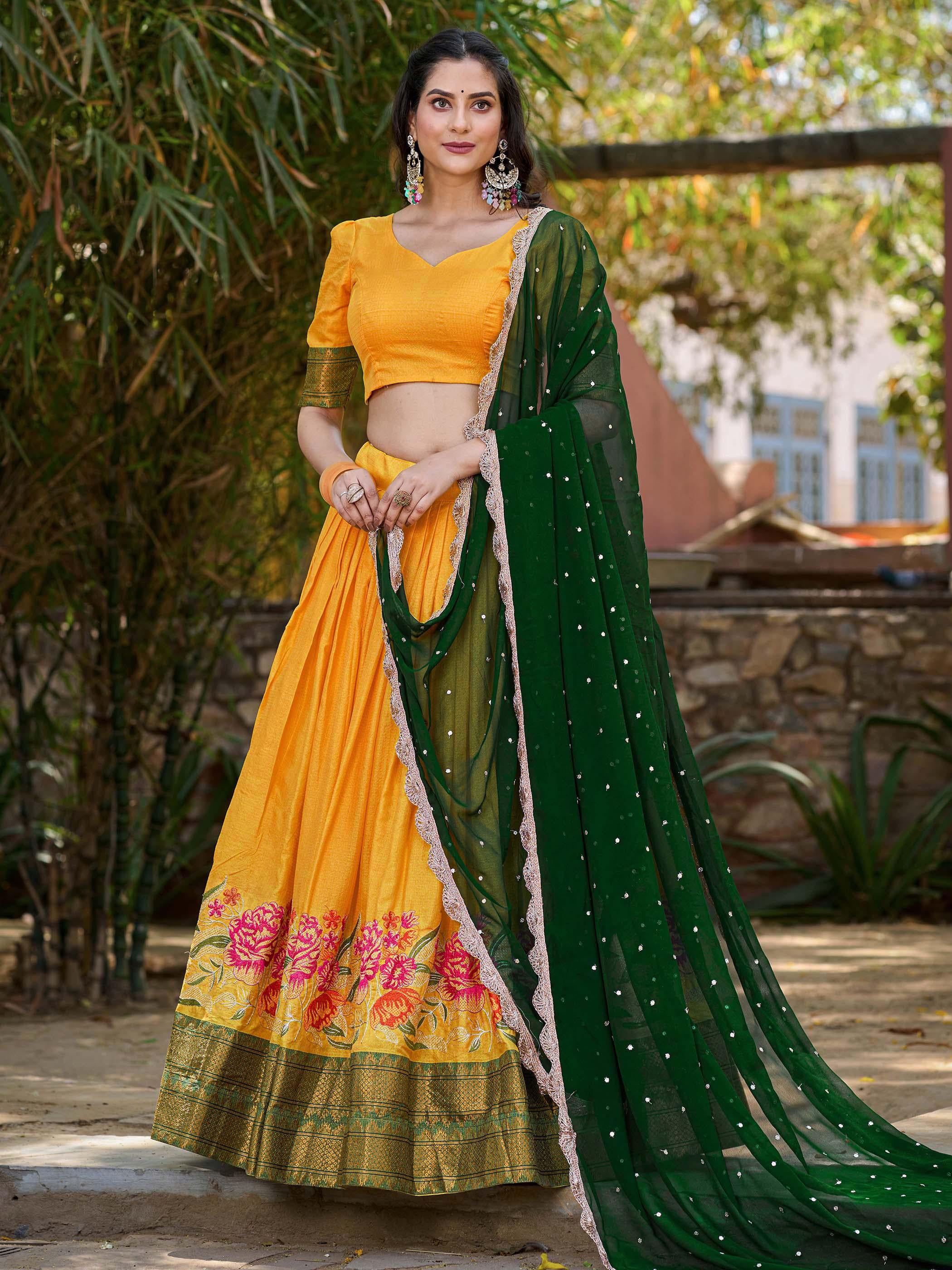 Yellow Cotton Silk Embroidered Lehenga Choli Set with Dupatta