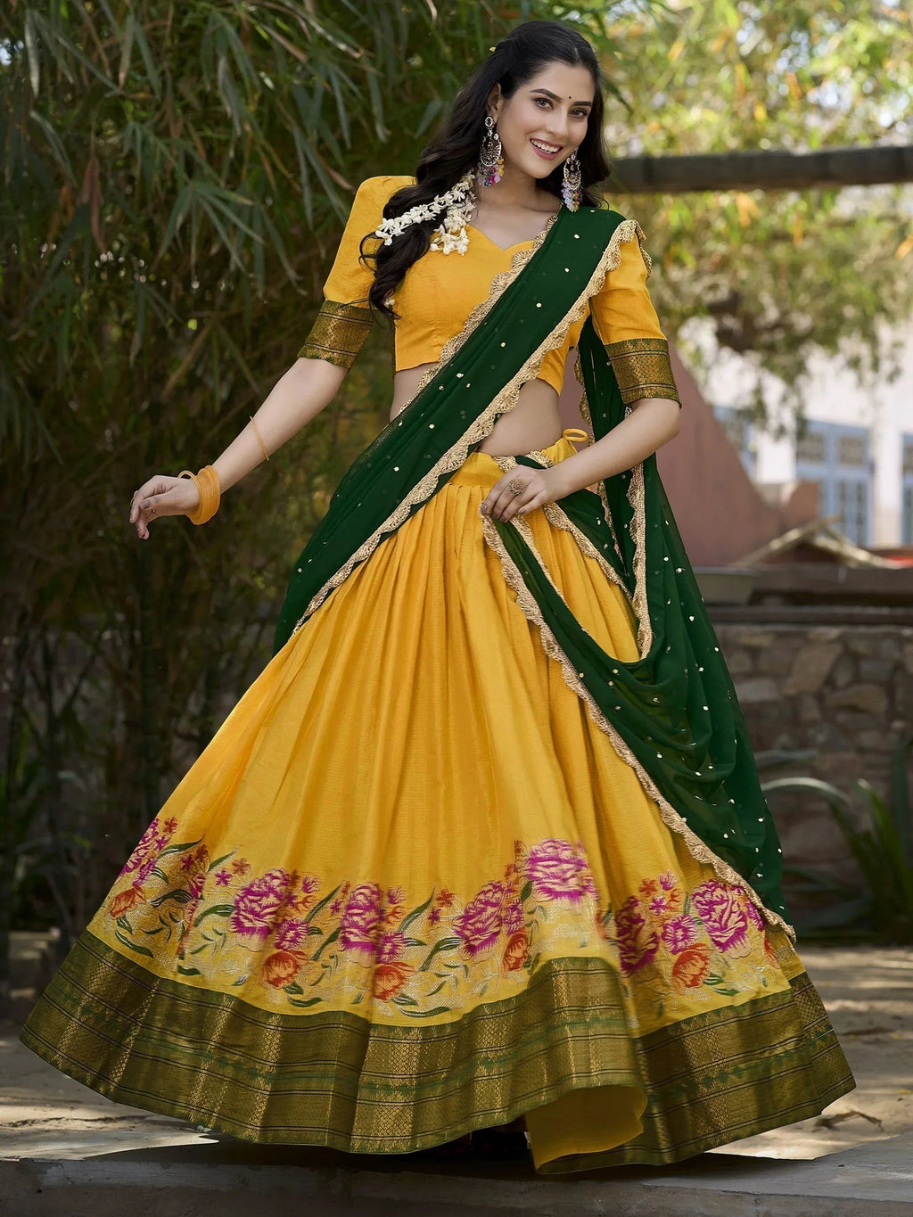 Yellow Cotton Silk Embroidered Lehenga Choli Set with Dupatta