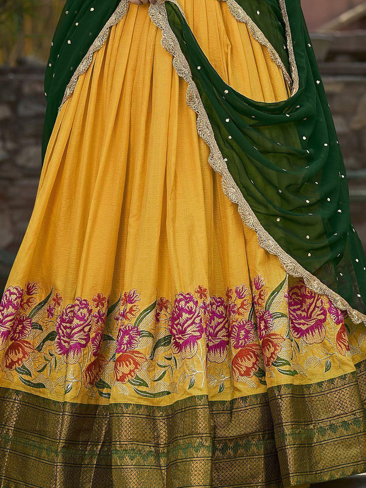 Yellow Cotton Silk Embroidered Lehenga Choli Set with Dupatta