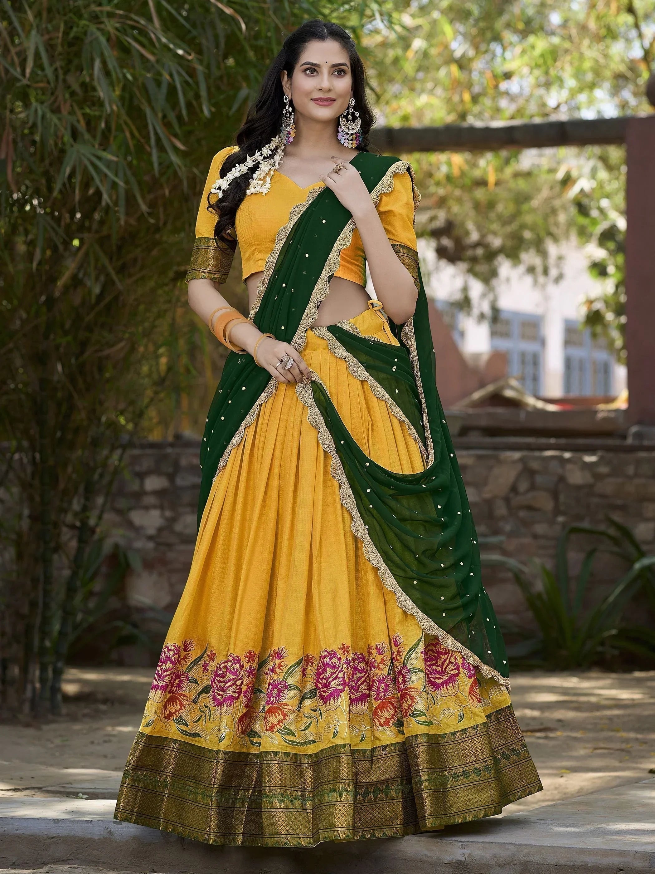 Yellow Cotton Silk Embroidered Lehenga Choli Set with Dupatta