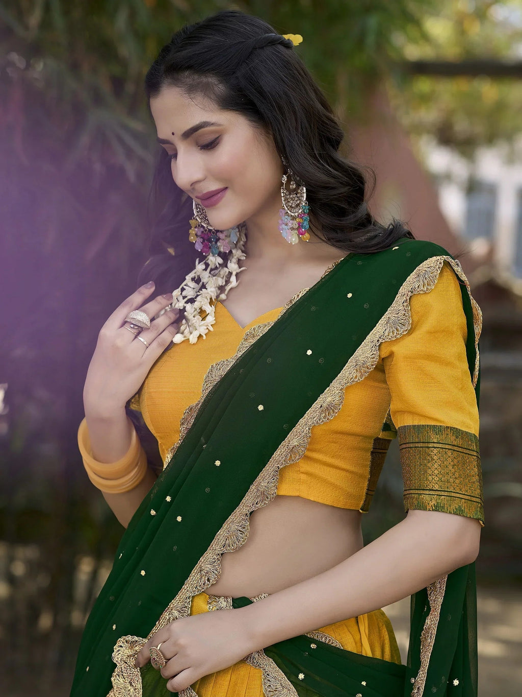 Yellow Cotton Silk Embroidered Lehenga Choli Set with Dupatta