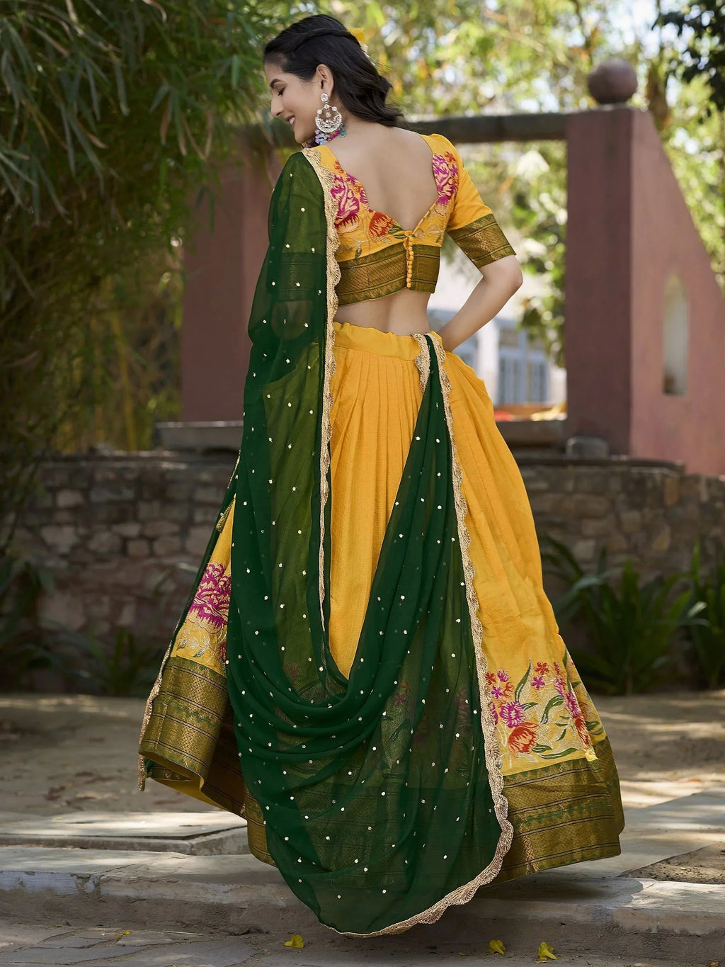 Yellow Cotton Silk Embroidered Lehenga Choli Set with Dupatta