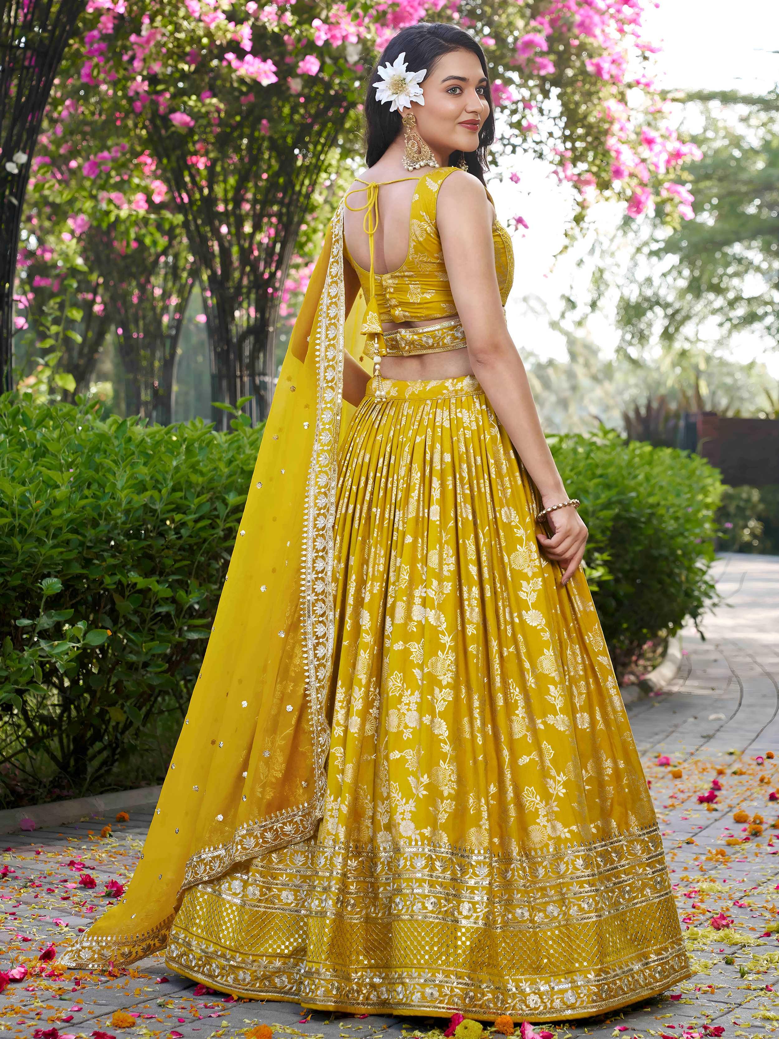 Yellow Dola silk jacquard embroidered lehenga choli with dupatta