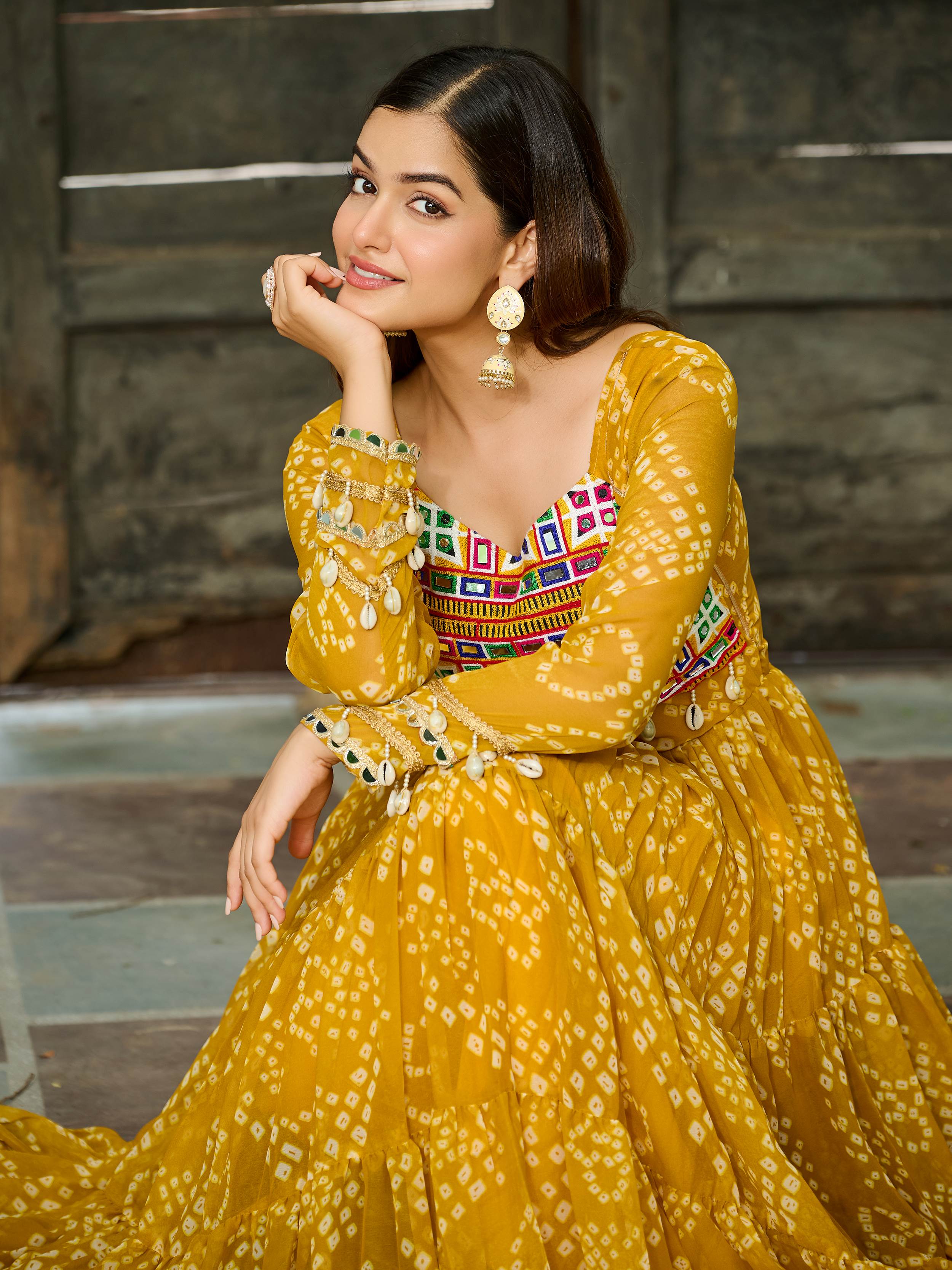 Yellow Faux Georgette Bandhani Print Kutchi Patchwork Navratri Gown