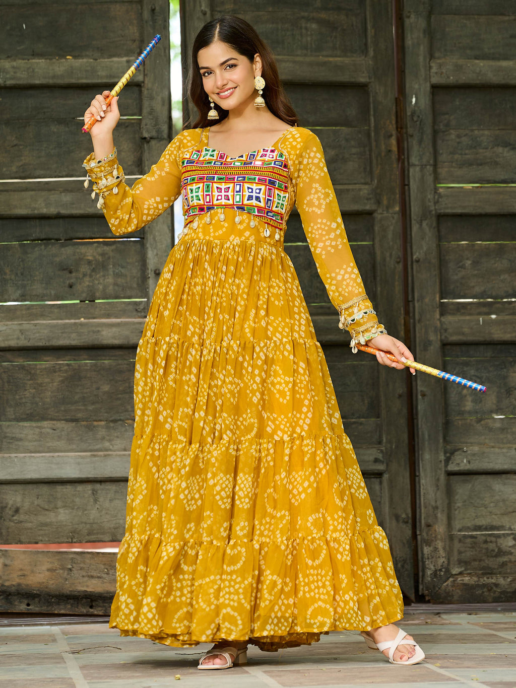 Yellow Faux Georgette Bandhani Print Kutchi Patchwork Navratri Gown