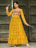 Yellow Faux Georgette Bandhani Print Kutchi Patchwork Navratri Gown