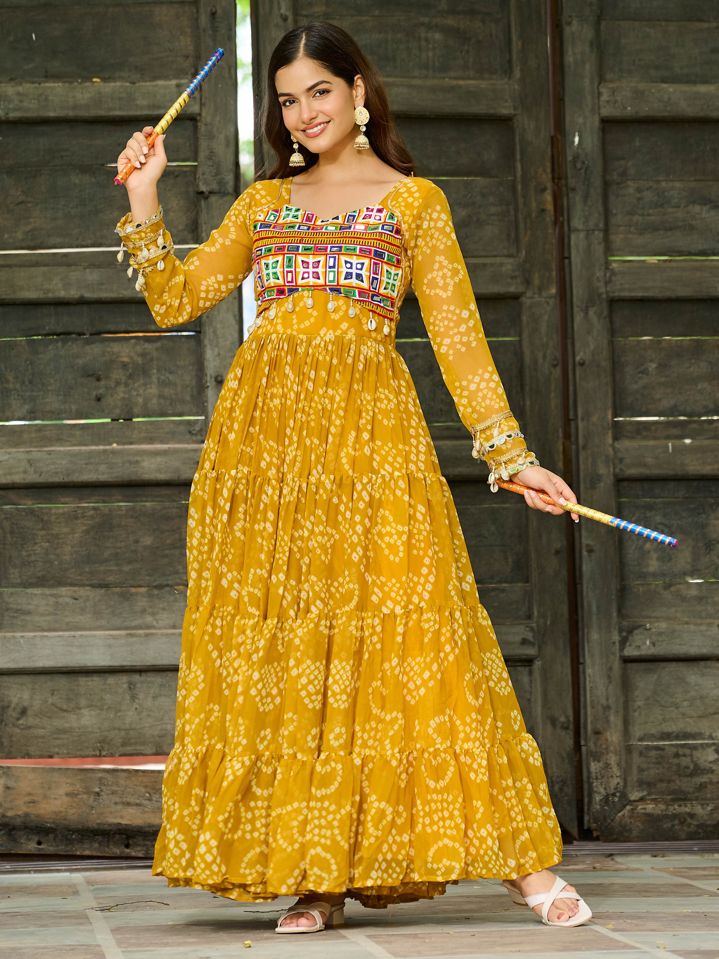 Yellow Faux Georgette Bandhani Print Kutchi Patchwork Navratri Gown