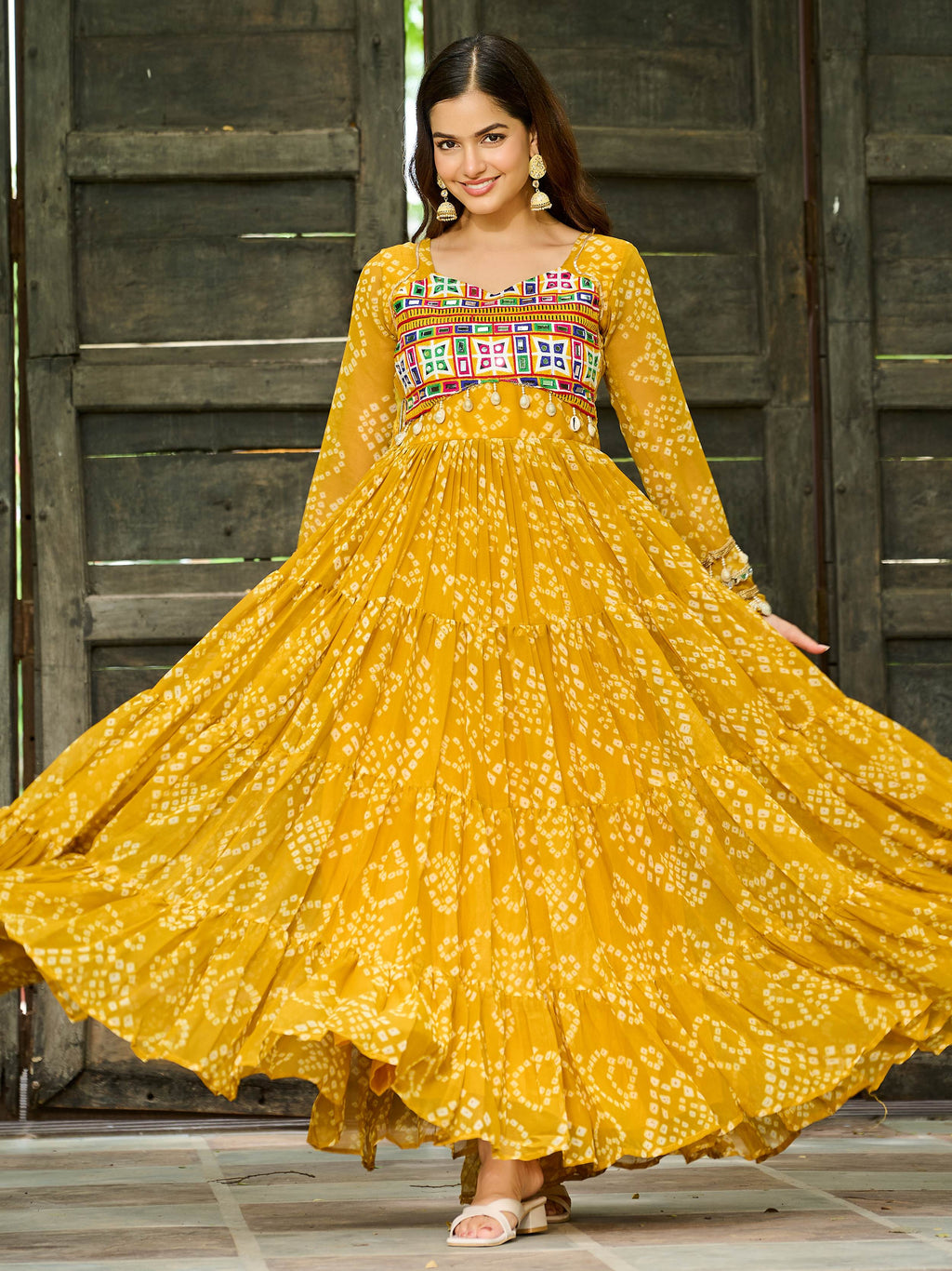 Yellow Faux Georgette Bandhani Print Kutchi Patchwork Navratri Gown