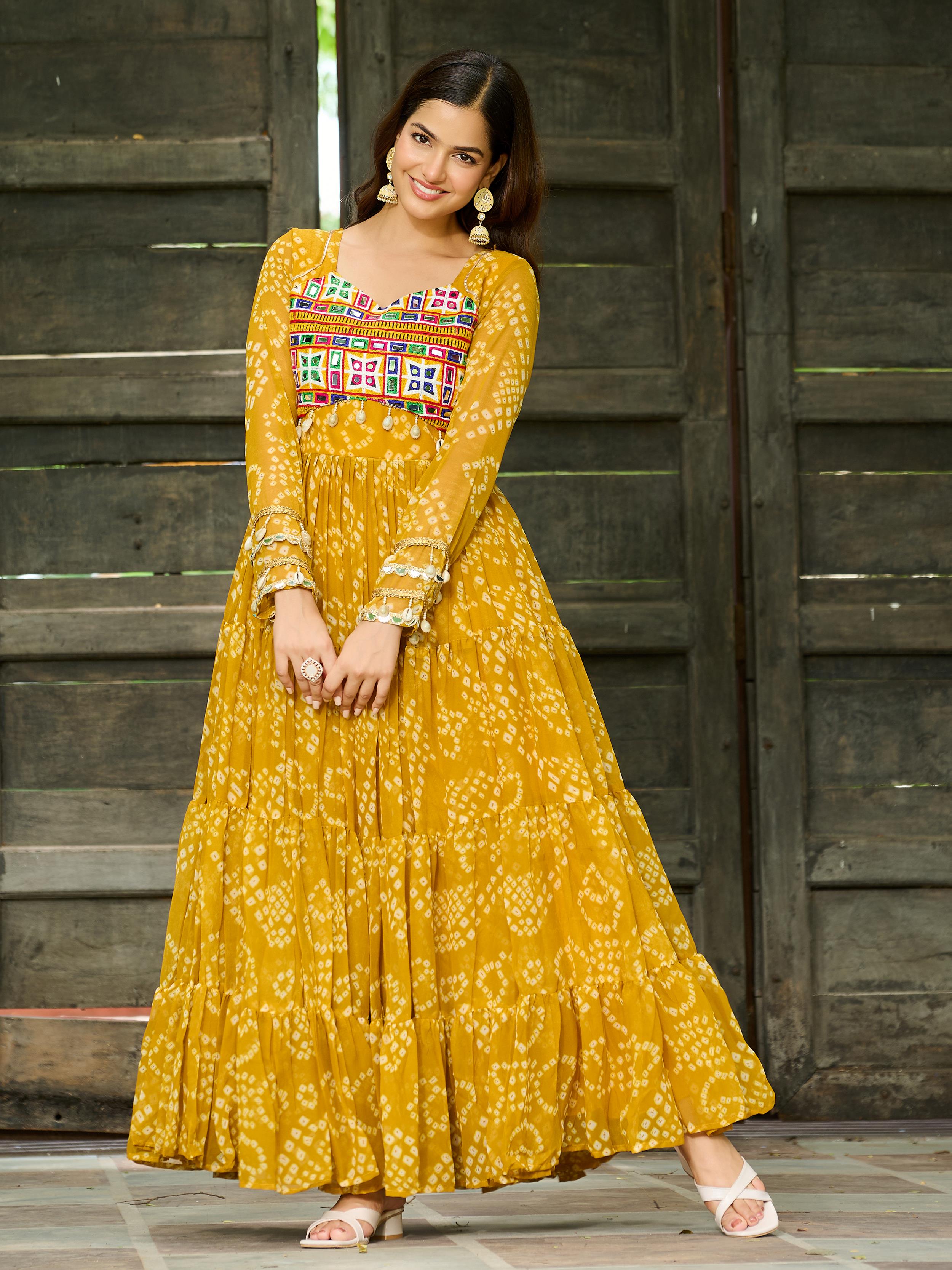 Yellow Faux Georgette Bandhani Print Kutchi Patchwork Navratri Gown