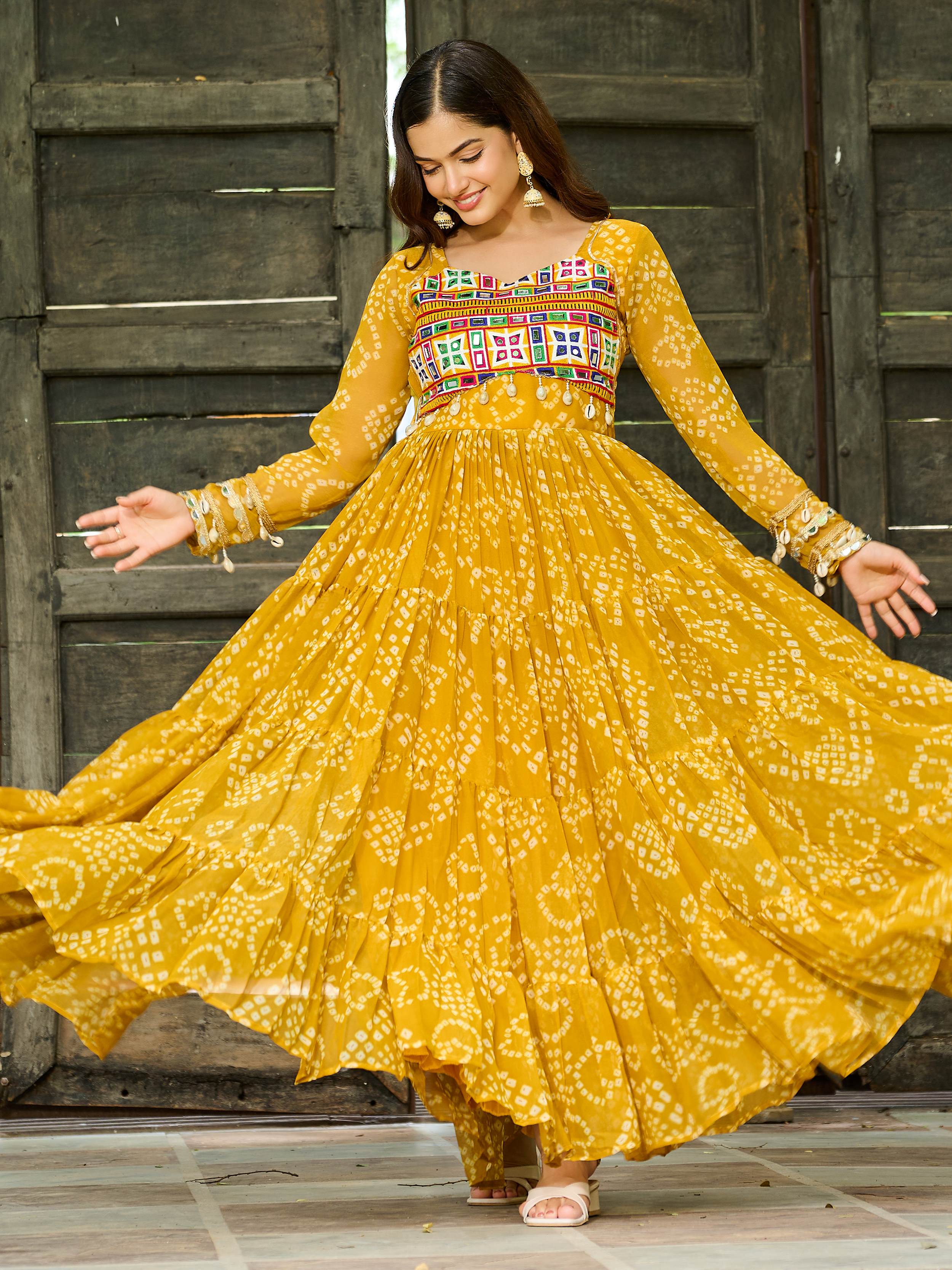 Yellow Faux Georgette Bandhani Print Kutchi Patchwork Navratri Gown