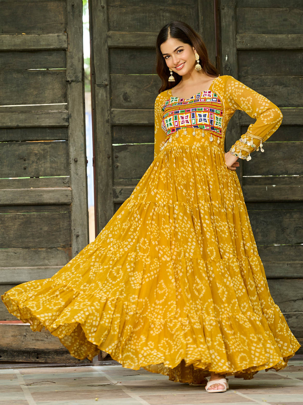 Yellow Faux Georgette Bandhani Print Kutchi Patchwork Navratri Gown