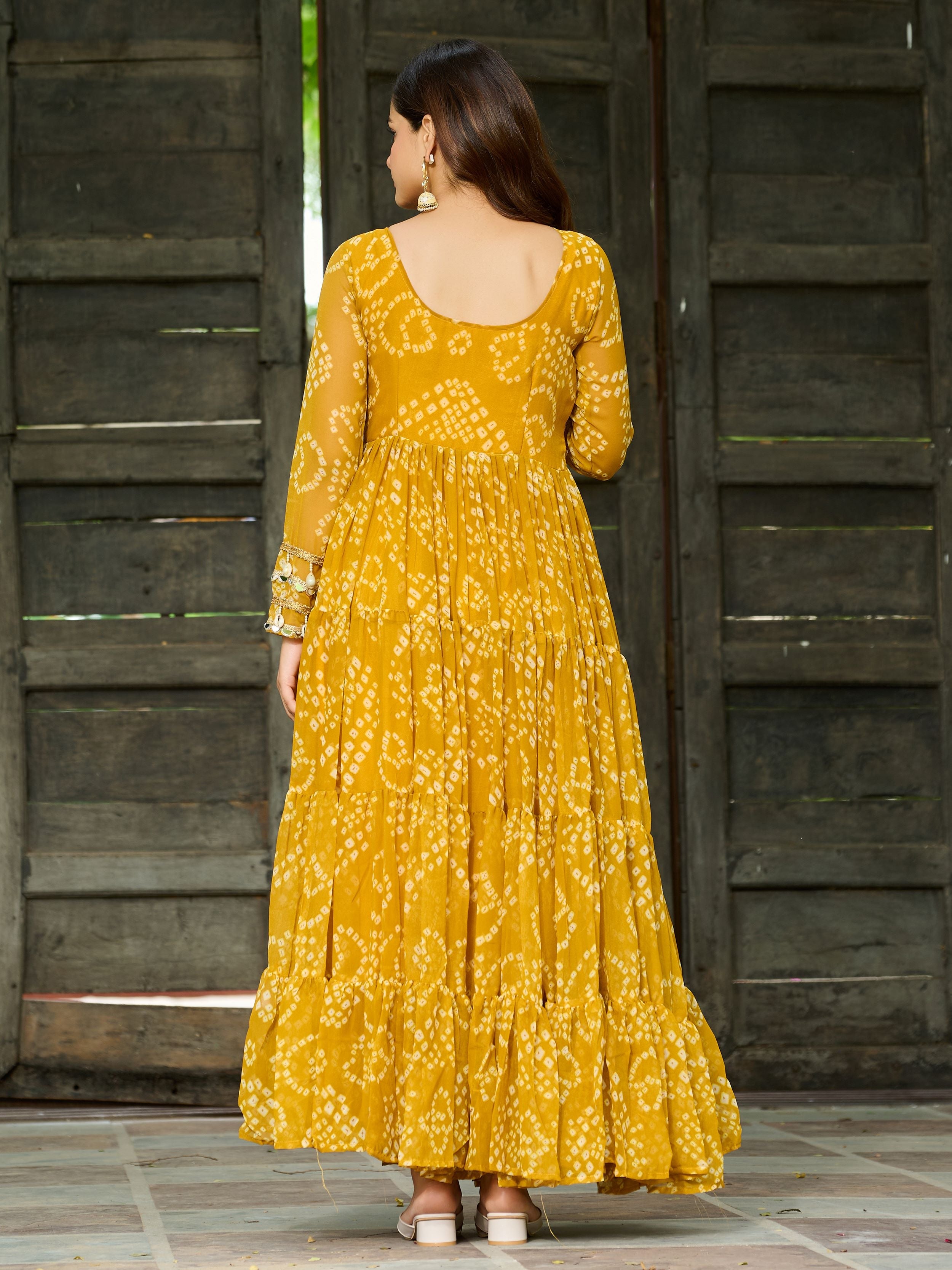 Yellow Faux Georgette Bandhani Print Kutchi Patchwork Navratri Gown