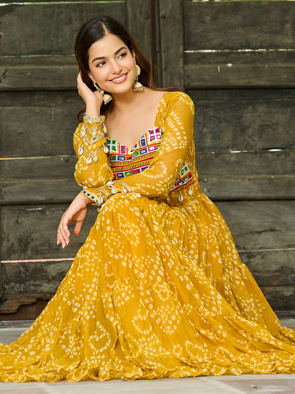 Yellow Faux Georgette Bandhani Print Kutchi Patchwork Navratri Gown