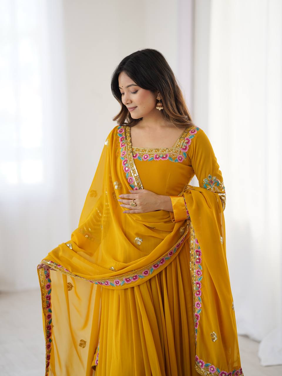 Yellow Georgette Embroidered Anarkali Suit with Dupatta and Bottom