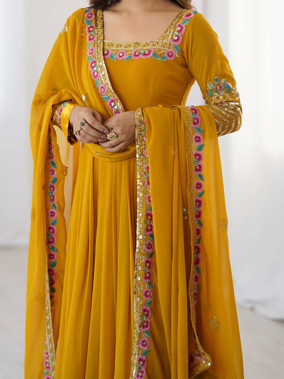 Yellow Georgette Embroidered Anarkali Suit with Dupatta and Bottom