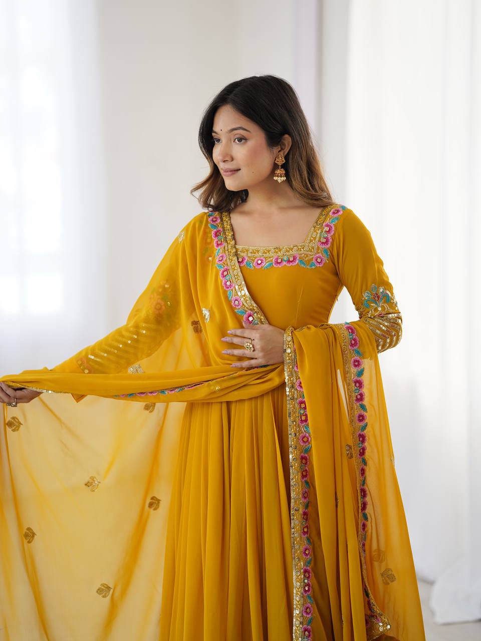 Yellow Georgette Embroidered Anarkali Suit with Dupatta and Bottom