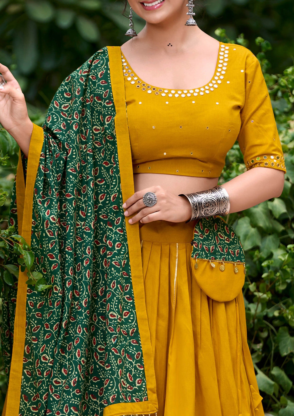 Yellow Pure Cotton Coin Lace Border Lehenga Choli with Purse