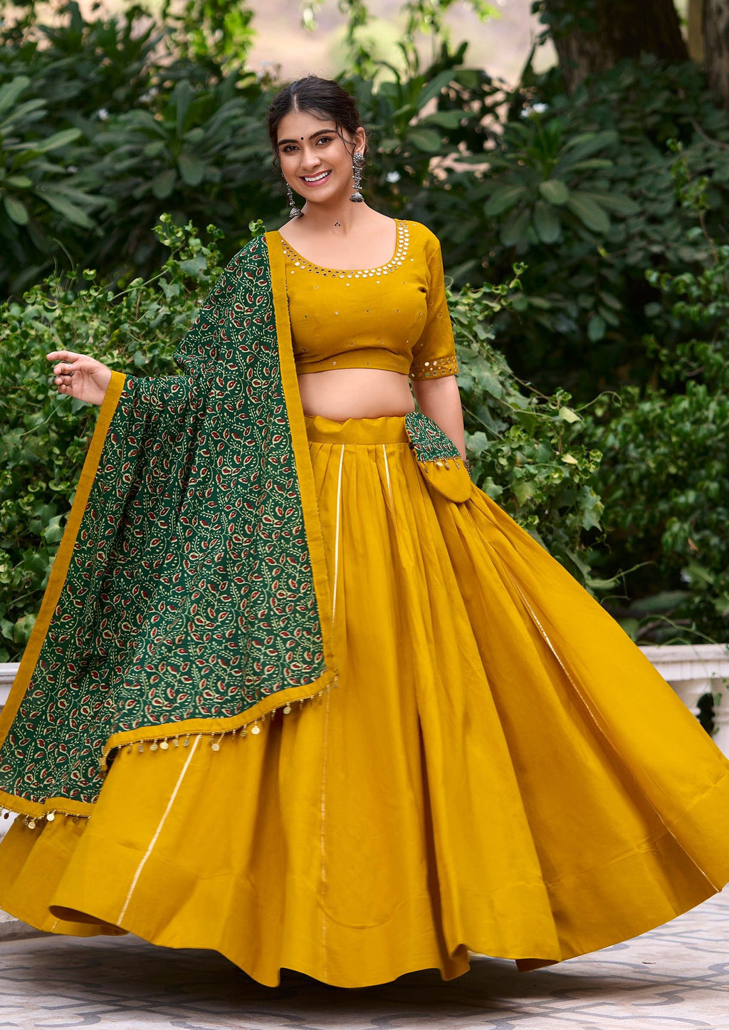 Yellow Pure Cotton Coin Lace Border Lehenga Choli with Purse