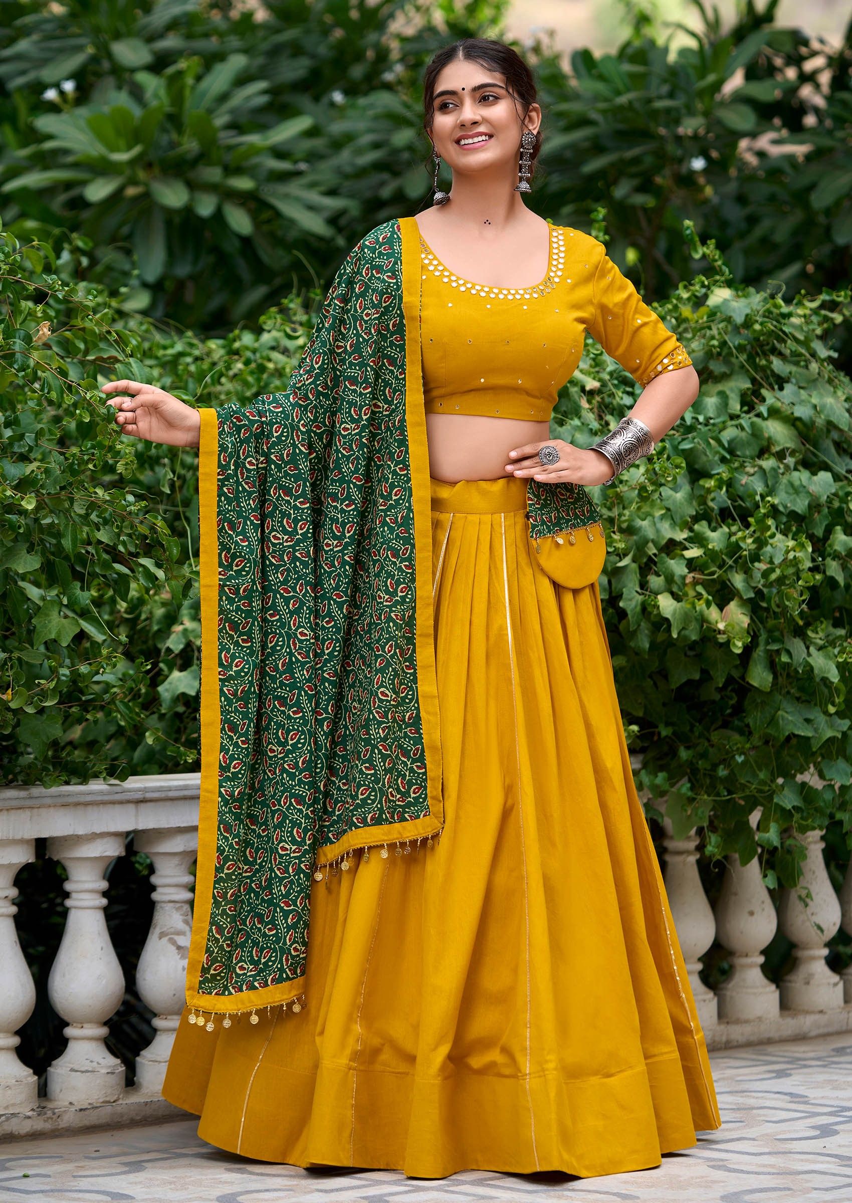 Yellow Pure Cotton Coin Lace Border Lehenga Choli with Purse