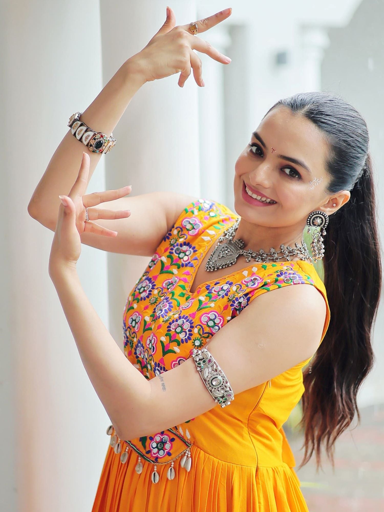 Yellow Rayon Kutchi Gamthi Mirror Work Embroidered Sleeveless Gown