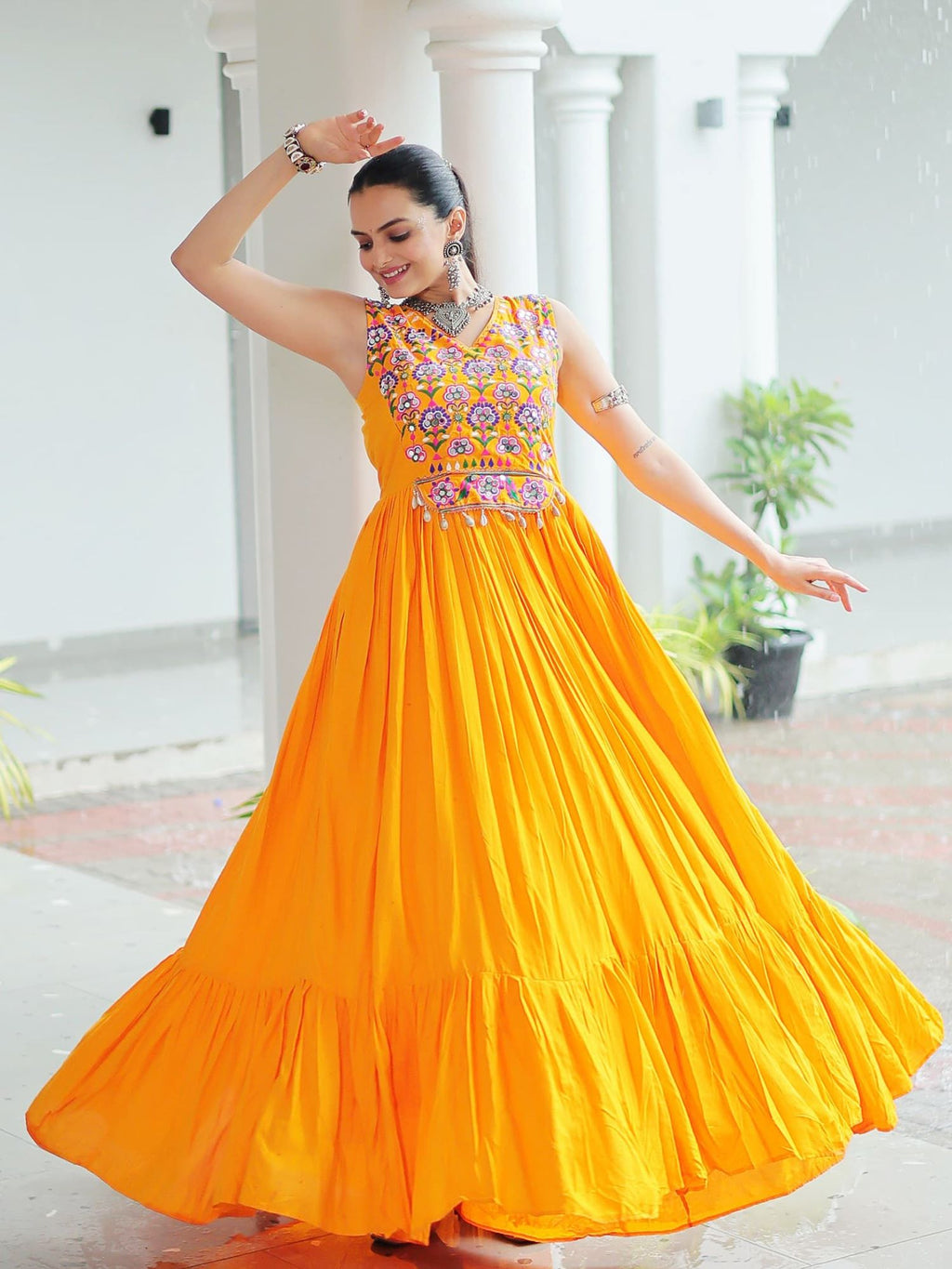 Yellow Rayon Kutchi Gamthi Mirror Work Embroidered Sleeveless Gown