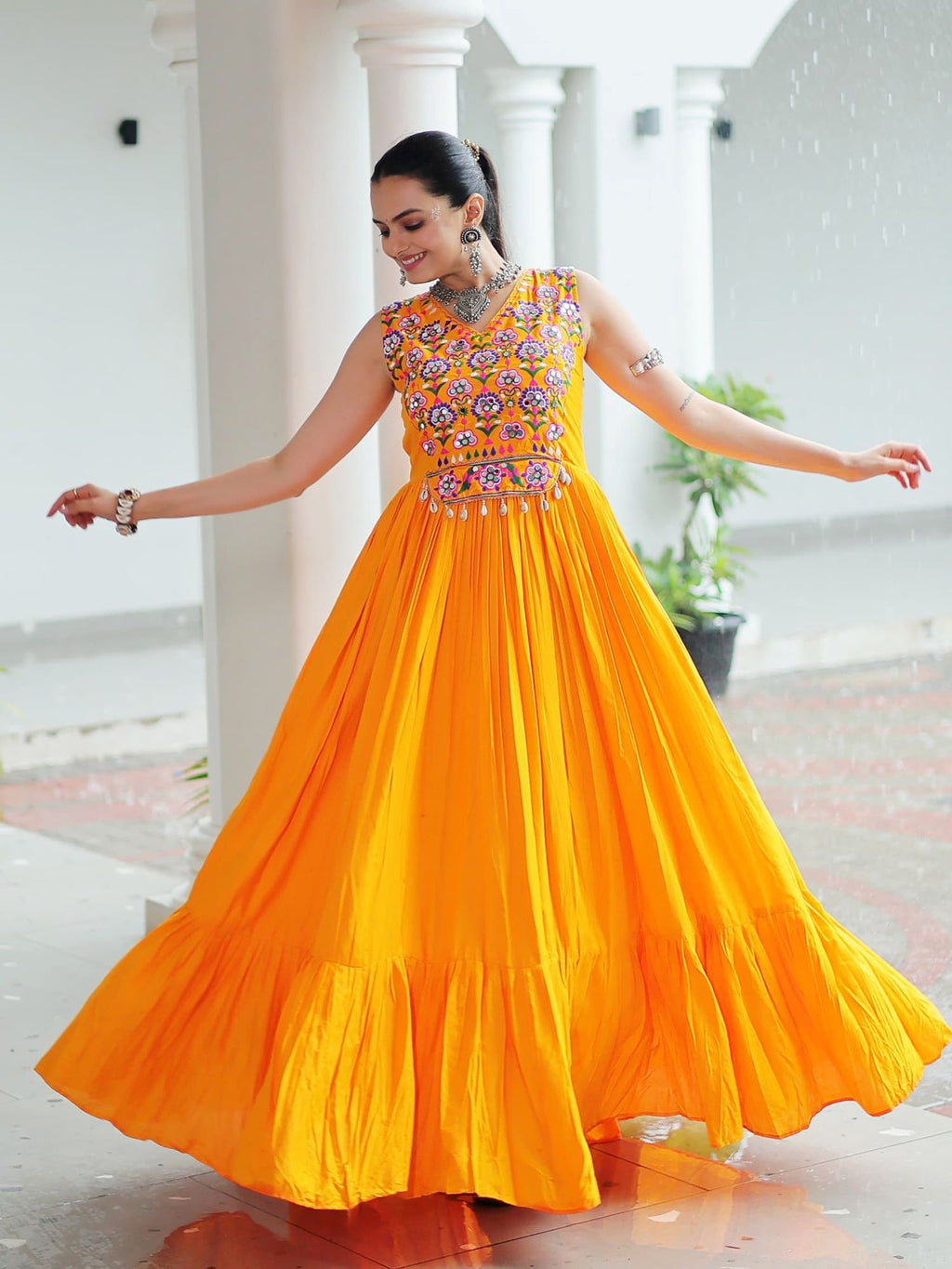 Yellow Rayon Kutchi Gamthi Mirror Work Embroidered Sleeveless Gown