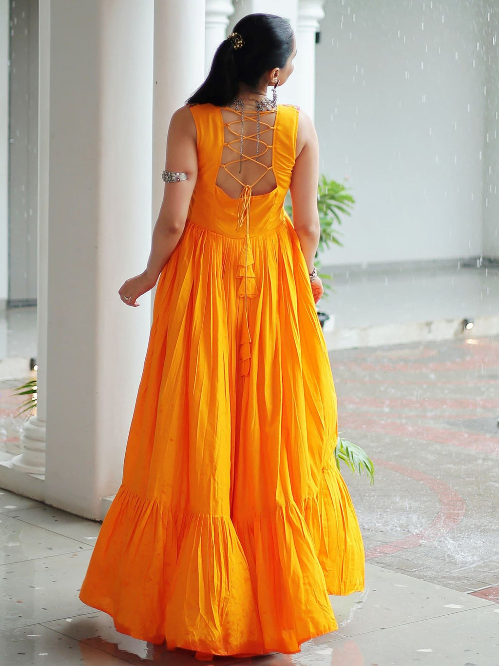 Yellow Rayon Kutchi Gamthi Mirror Work Embroidered Sleeveless Gown