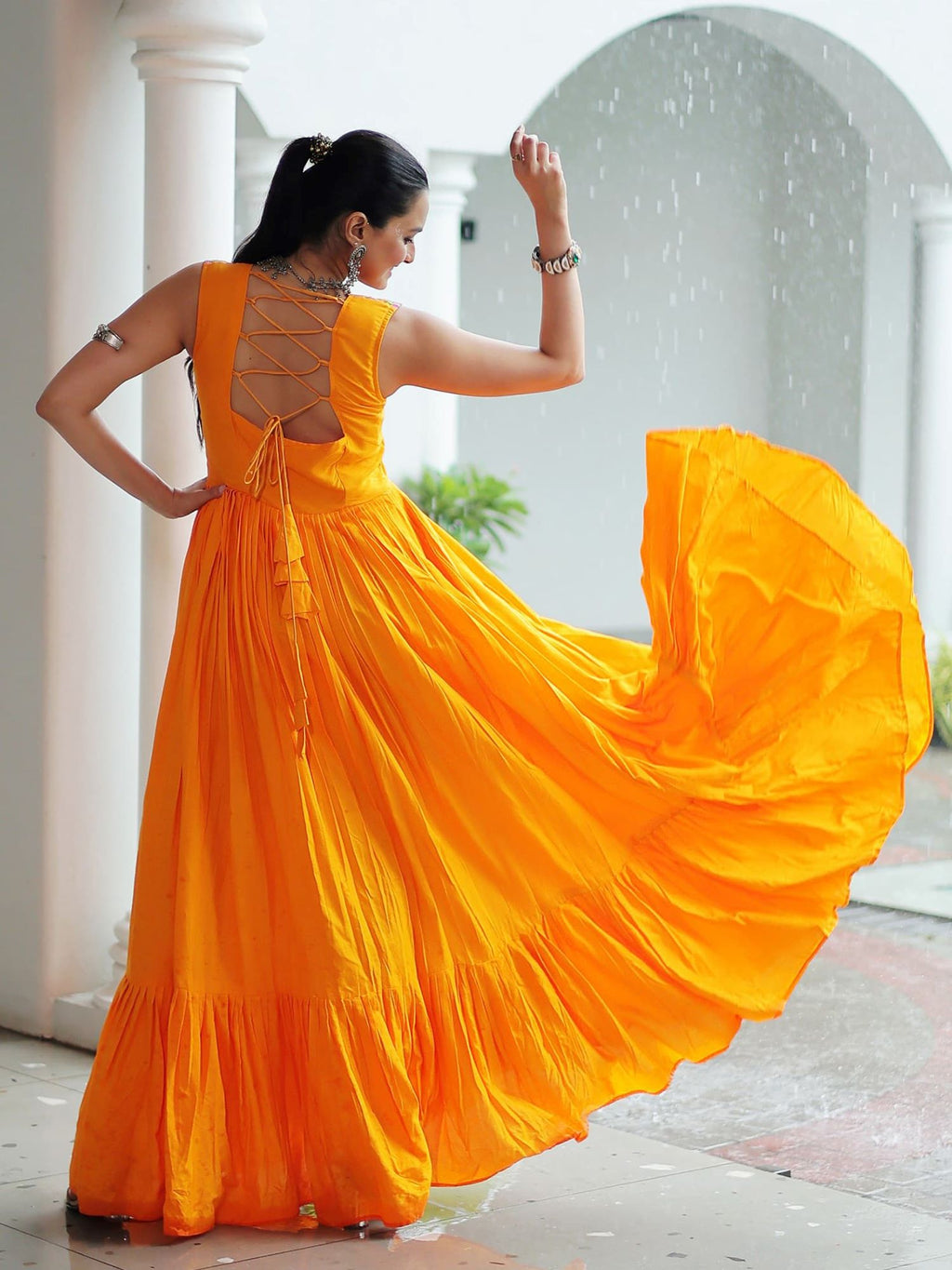 Yellow Rayon Kutchi Gamthi Mirror Work Embroidered Sleeveless Gown