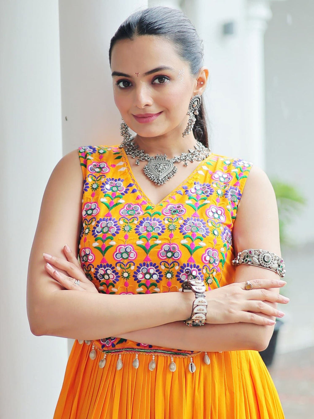 Yellow Rayon Kutchi Gamthi Mirror Work Embroidered Sleeveless Gown