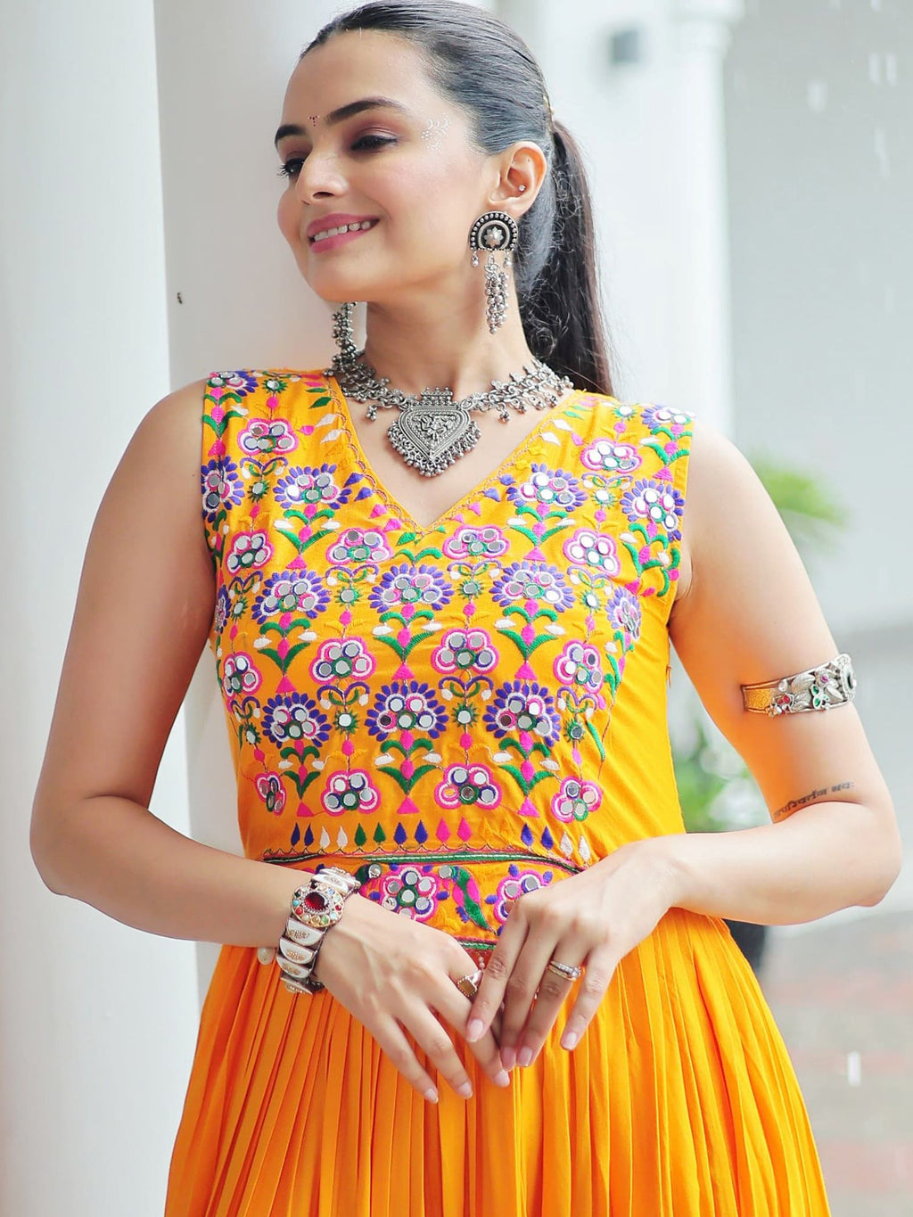 Yellow Rayon Kutchi Gamthi Mirror Work Embroidered Sleeveless Gown