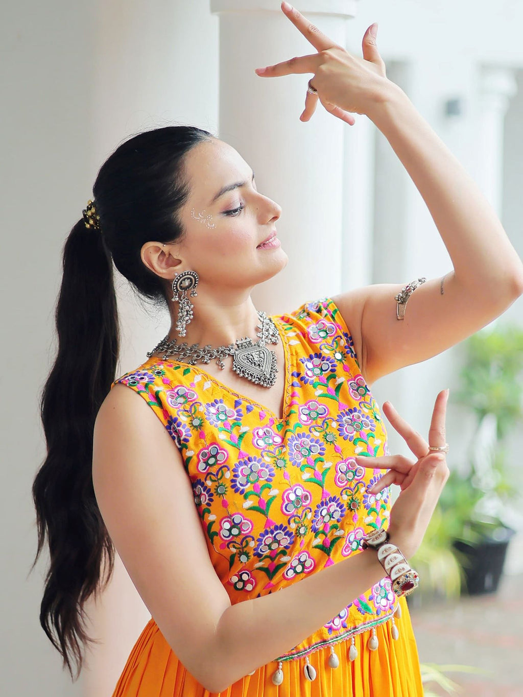 Yellow Rayon Kutchi Gamthi Mirror Work Embroidered Sleeveless Gown